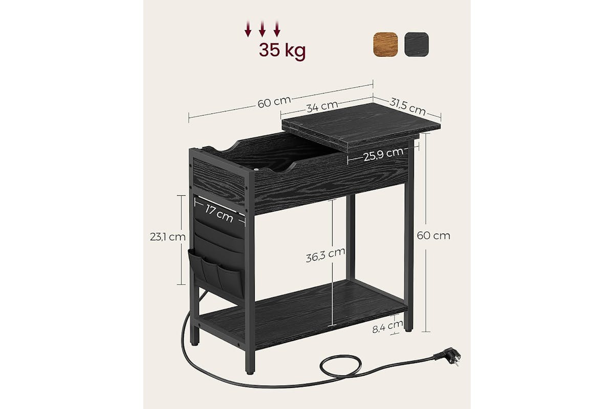 Vasagle Side Table with Socket Slim | Black Wood-7