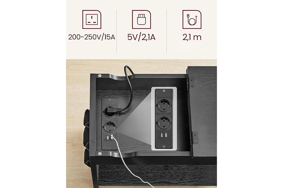 Vasagle Side Table with Socket Slim | Black Wood-4