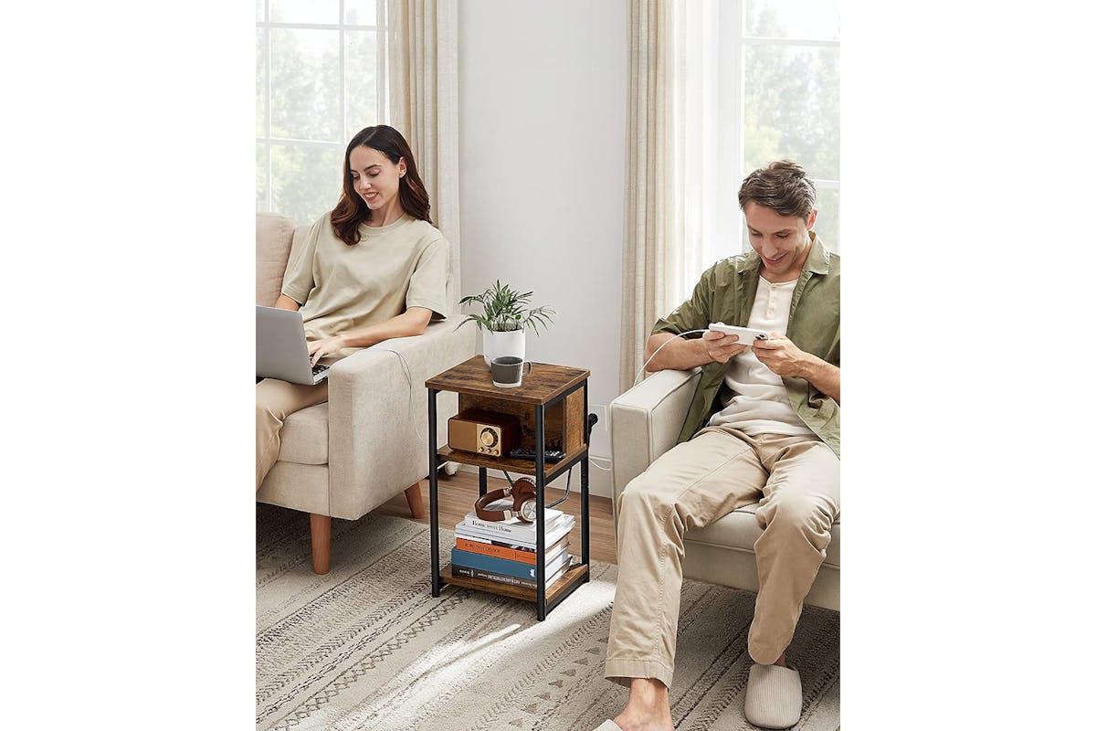 Vasagle Side Table with Socket Slim | Vintage Brown/Black-2