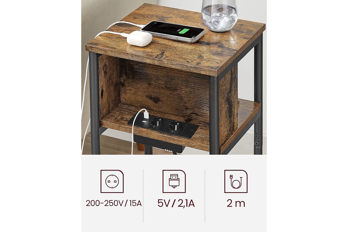 Vasagle Side Table with Socket Slim | Vintage Brown/Black-3