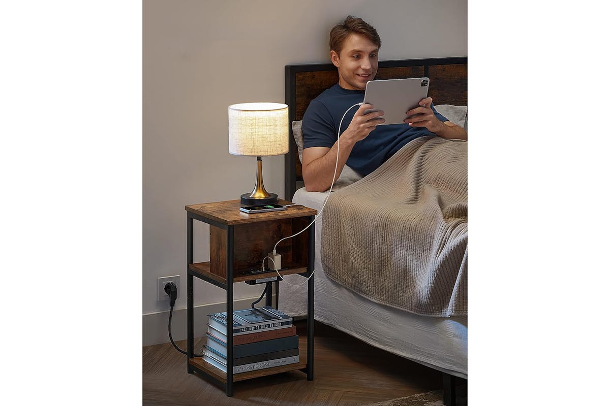 Vasagle Side Table with Socket Slim | Vintage Brown/Black-5