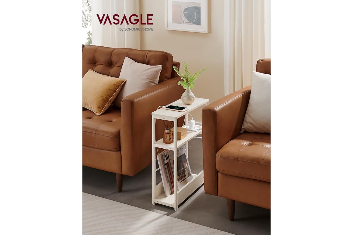 Vasagle Slim Side Table with Power Strip | Cream White-2