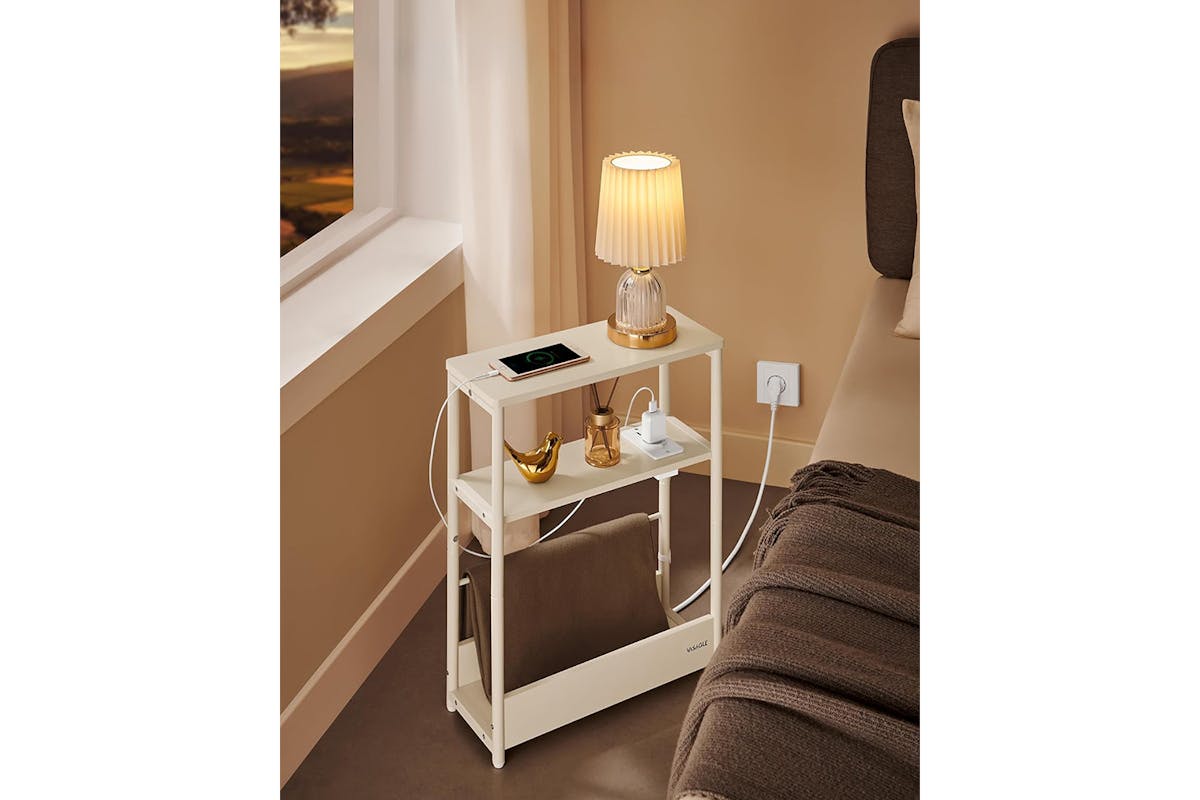 Vasagle Slim Side Table with Power Strip | Cream White-4