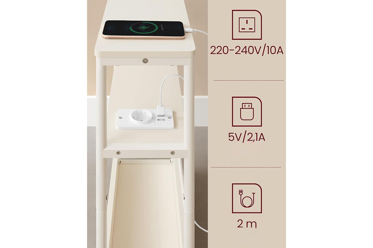Vasagle Slim Side Table with Power Strip | Cream White-6