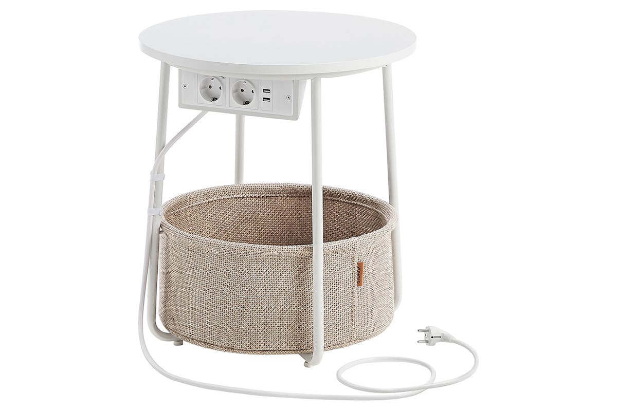 Vasagle Small Round Coffee Table with Power Strip | Matt White/Camel Brown
