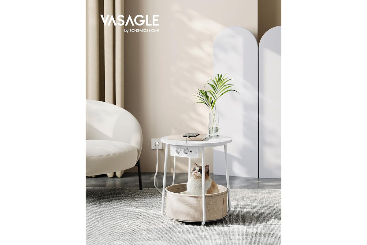 Vasagle Small Round Coffee Table with Power Strip | Matt White/Camel Brown-2