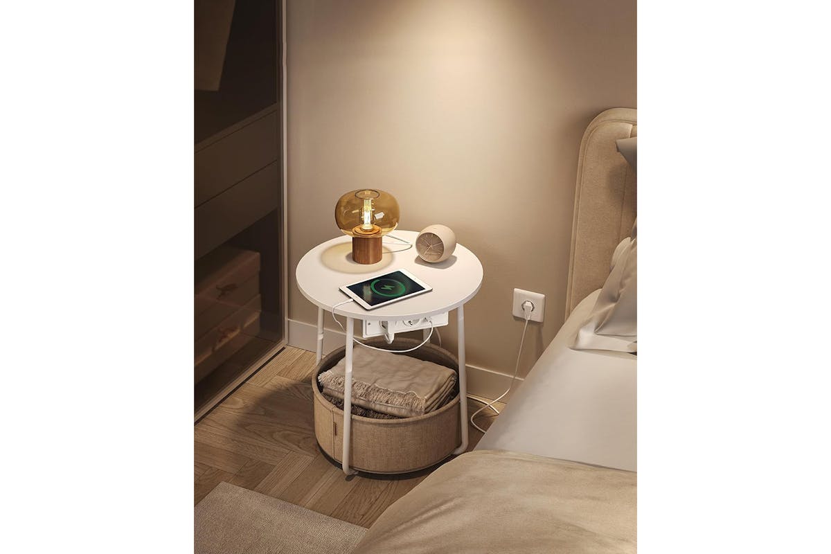Vasagle Small Round Coffee Table with Power Strip | Matt White/Camel Brown-3