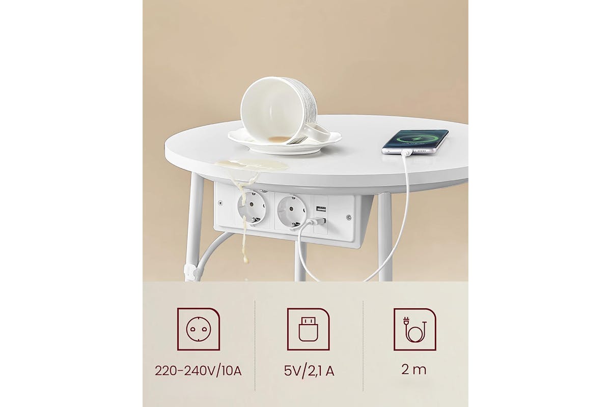 Vasagle Small Round Coffee Table with Power Strip | Matt White/Camel Brown-4