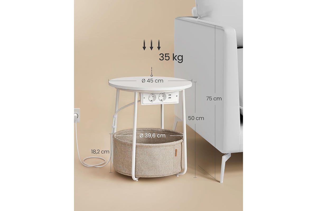 Vasagle Small Round Coffee Table with Power Strip | Matt White/Camel Brown-5