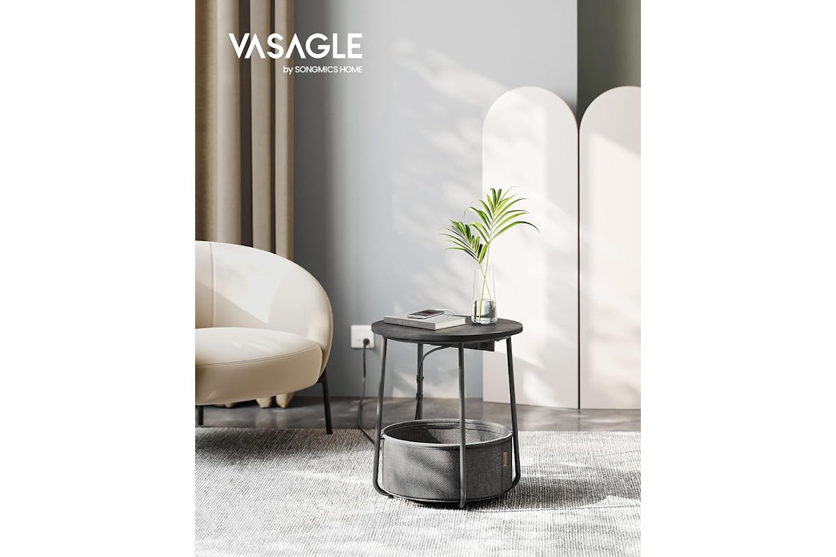 Vasagle Small Round Coffee Table with Power Strip | Ebony Black/Slate Gray-2
