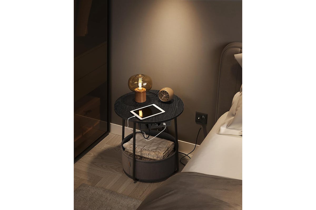 Vasagle Small Round Coffee Table with Power Strip | Ebony Black/Slate Gray-4
