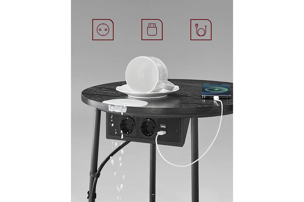 Vasagle Small Round Coffee Table with Power Strip | Ebony Black/Slate Gray-5