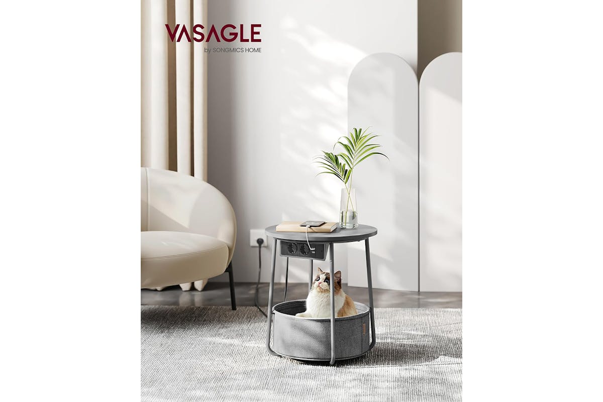 Vasagle Small Round Coffee Table with Power Strip | Dove Grey/Slate Grey-2