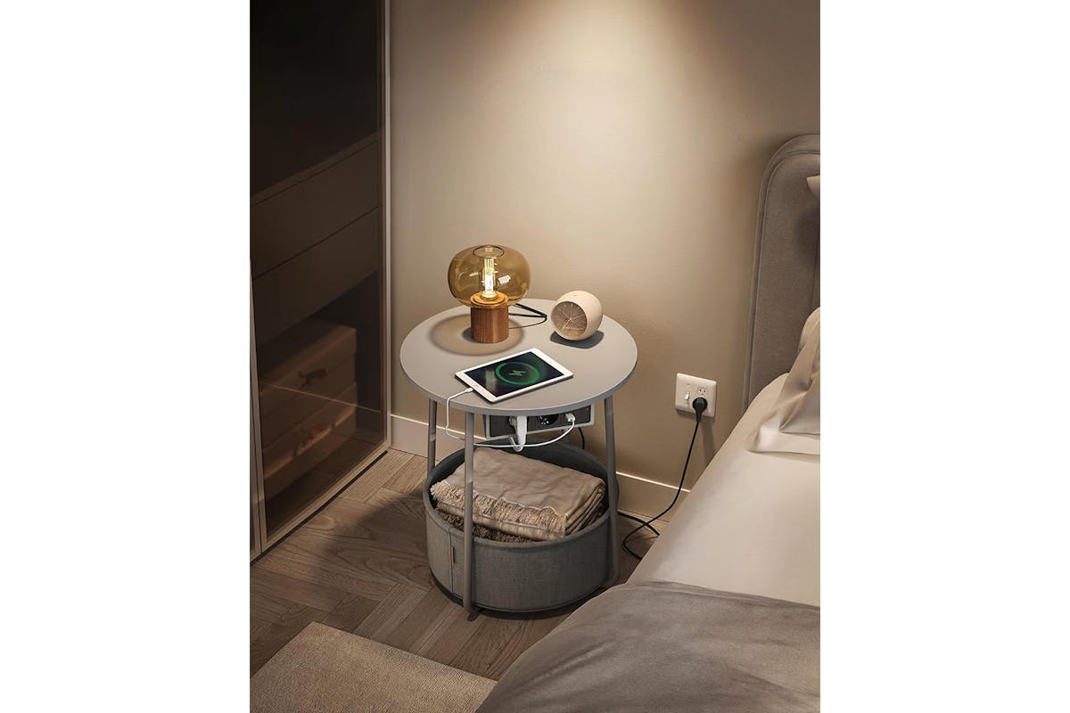Vasagle Small Round Coffee Table with Power Strip | Dove Grey/Slate Grey-4