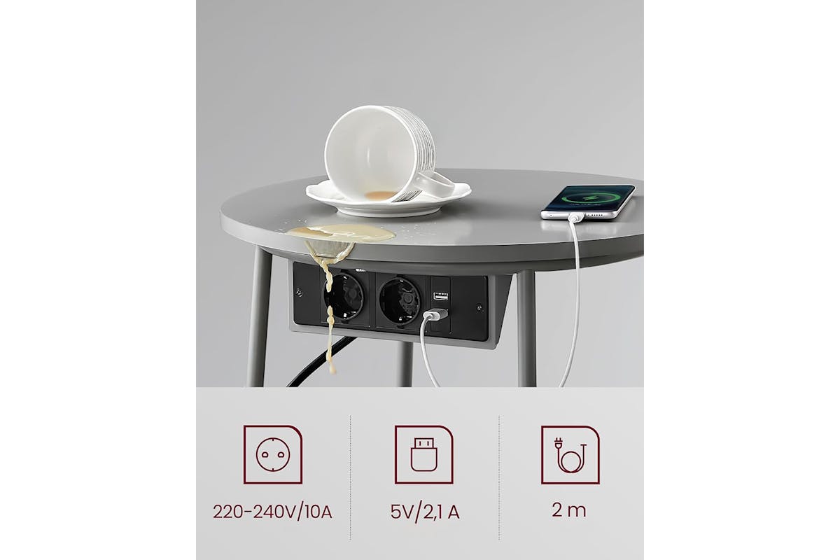 Vasagle Small Round Coffee Table with Power Strip | Dove Grey/Slate Grey-5
