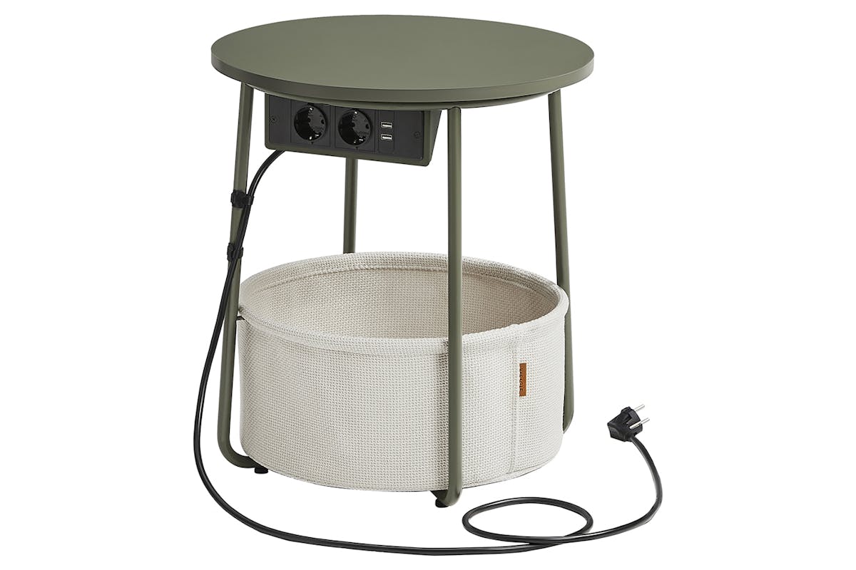 Vasagle Small Round Coffee Table with Power Strip | Forest Green/Cream White