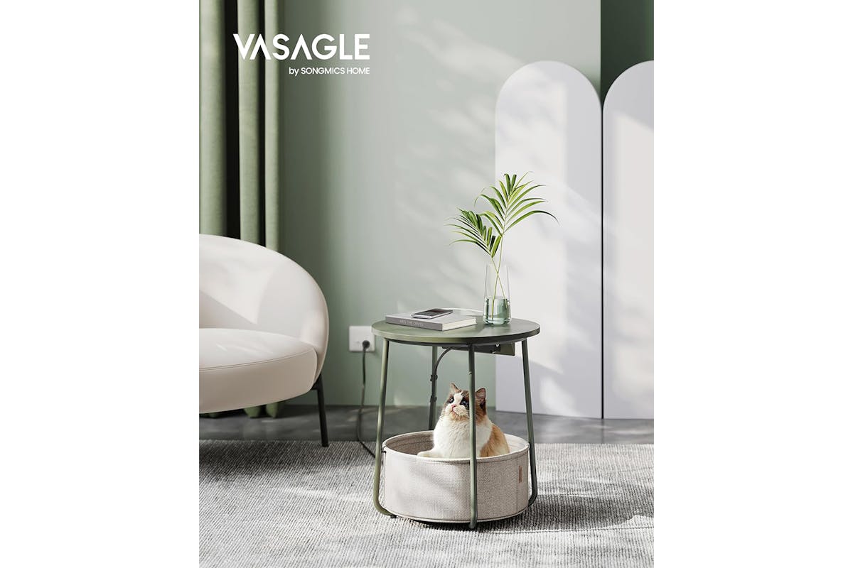 Vasagle Small Round Coffee Table with Power Strip | Forest Green/Cream White-2