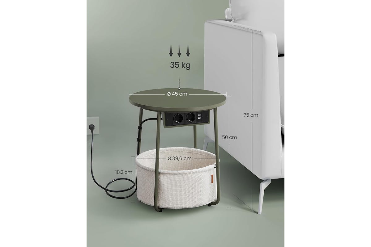 Vasagle Small Round Coffee Table with Power Strip | Forest Green/Cream White-3