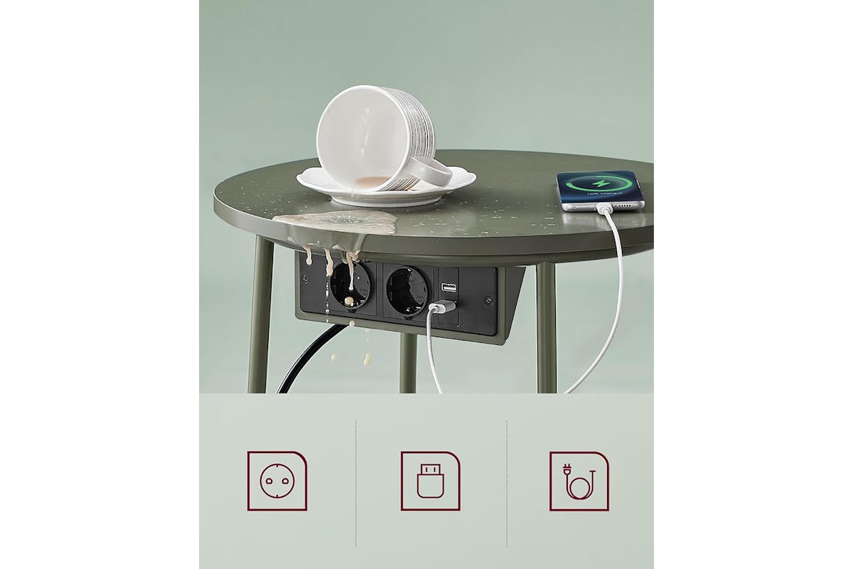 Vasagle Small Round Coffee Table with Power Strip | Forest Green/Cream White-4