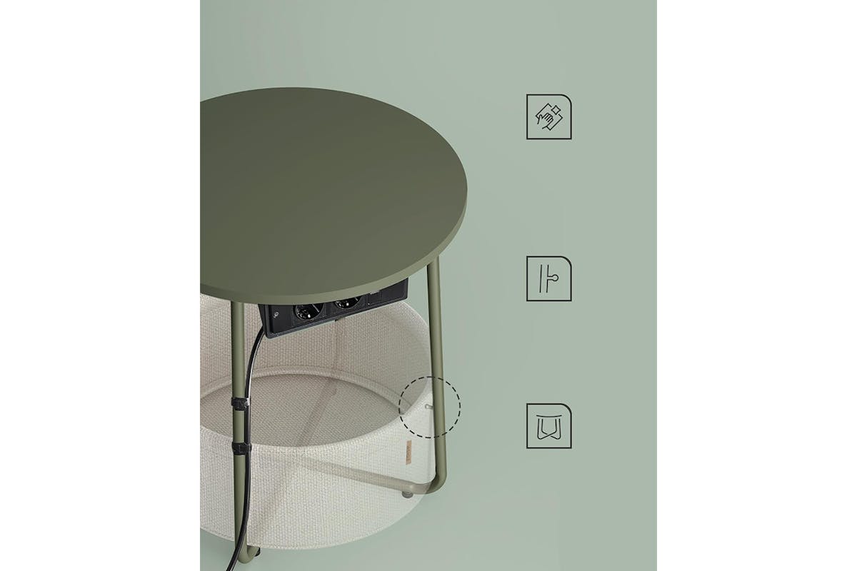 Vasagle Small Round Coffee Table with Power Strip | Forest Green/Cream White-5