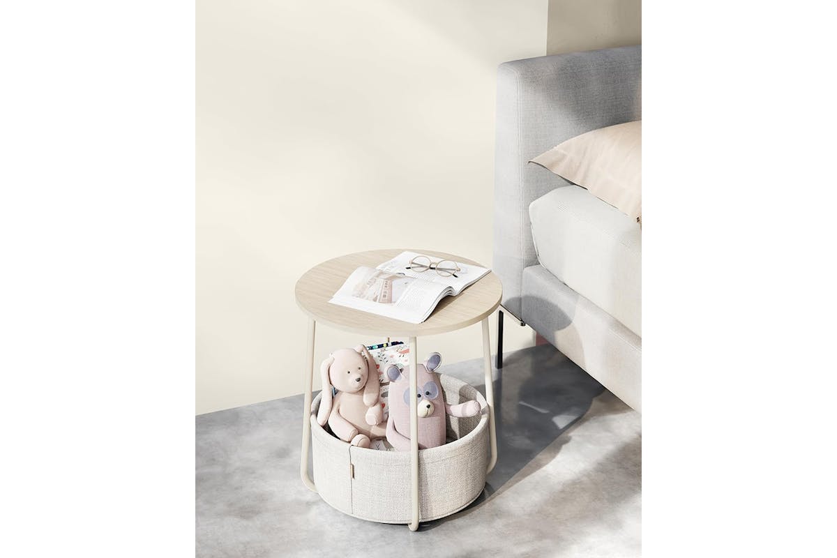 Vasagle Round End Table with Fabric Basket | Cream White-2