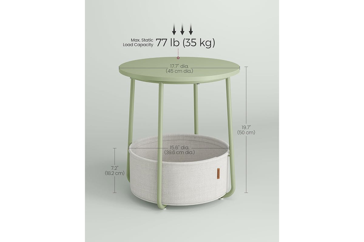 Vasagle Round Side Table Nightstand with Fabric Basket | Laurel Green/Cream White-2
