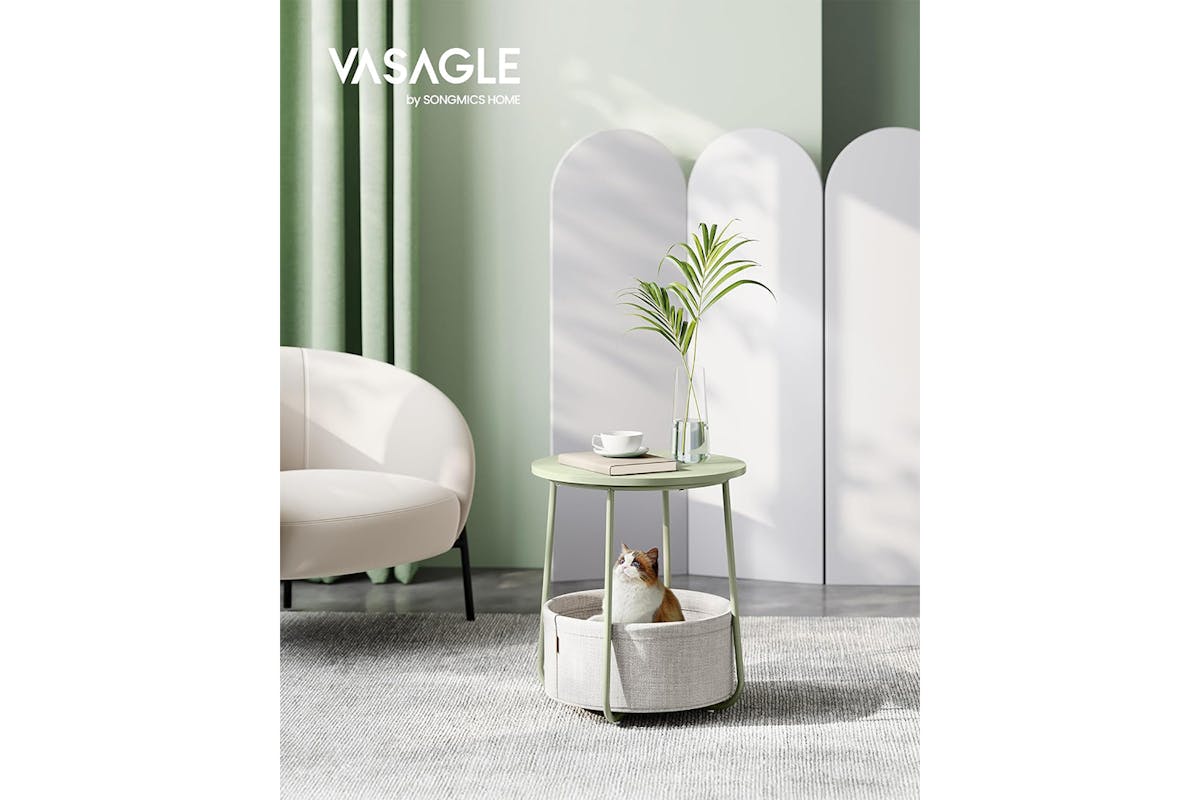 Vasagle Round Side Table Nightstand with Fabric Basket | Laurel Green/Cream White-3
