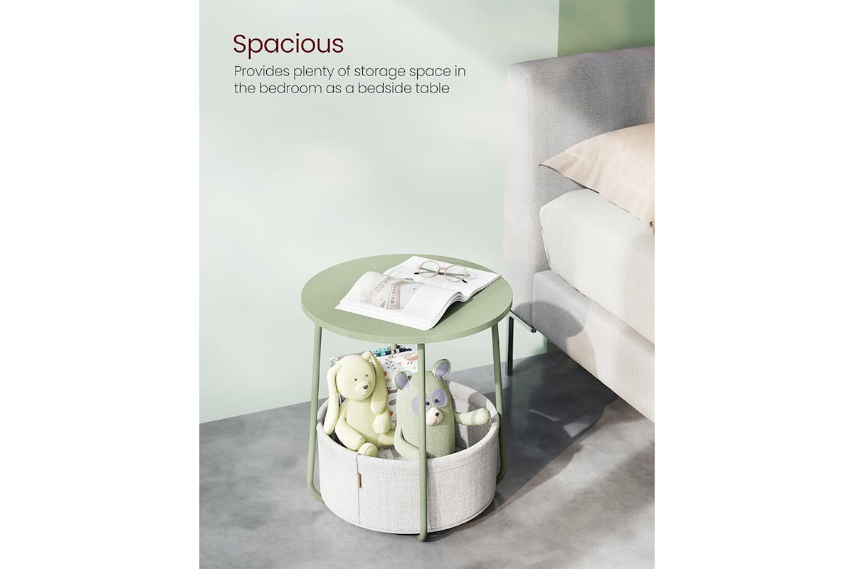 Vasagle Round Side Table Nightstand with Fabric Basket | Laurel Green/Cream White-4