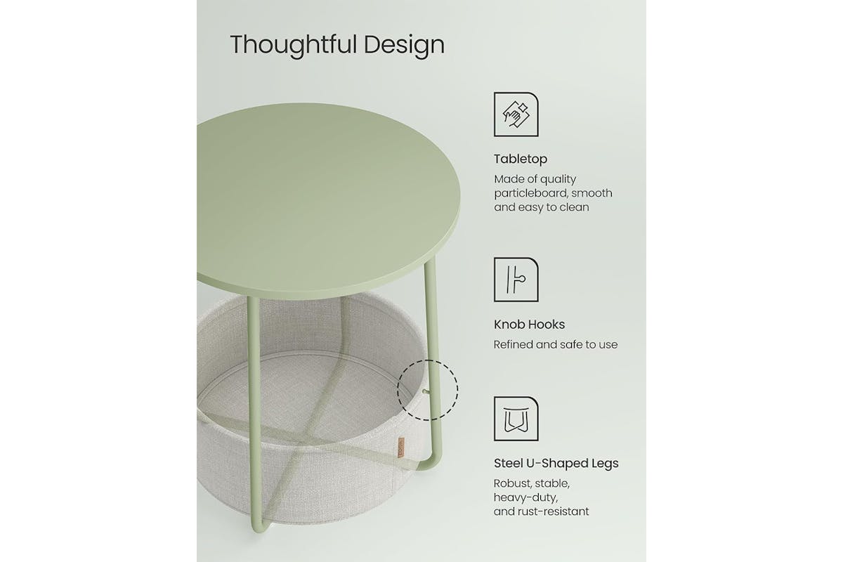 Vasagle Round Side Table Nightstand with Fabric Basket | Laurel Green/Cream White-5