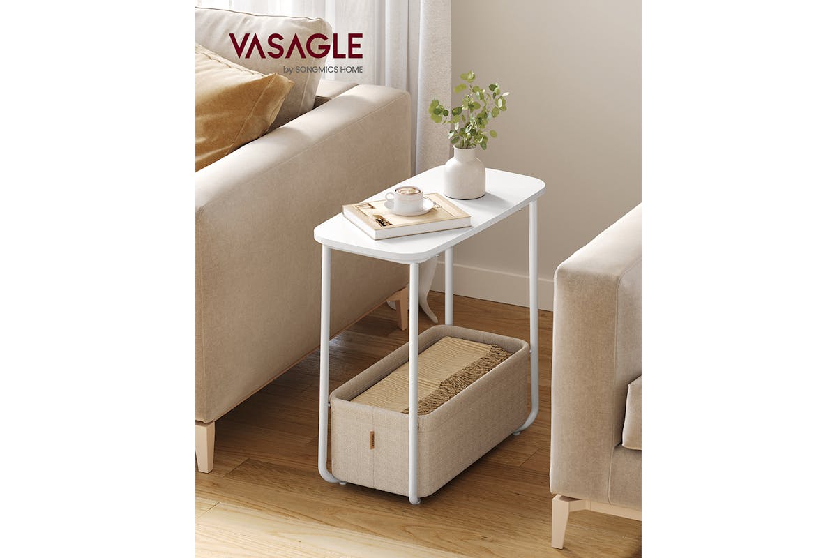 Vasagle Side End Table with Fabric Basket Modern Nightstand | Matte White/Camel Brown-2