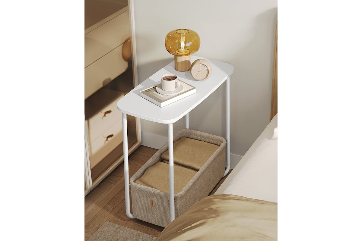 Vasagle Side End Table with Fabric Basket Modern Nightstand | Matte White/Camel Brown-3