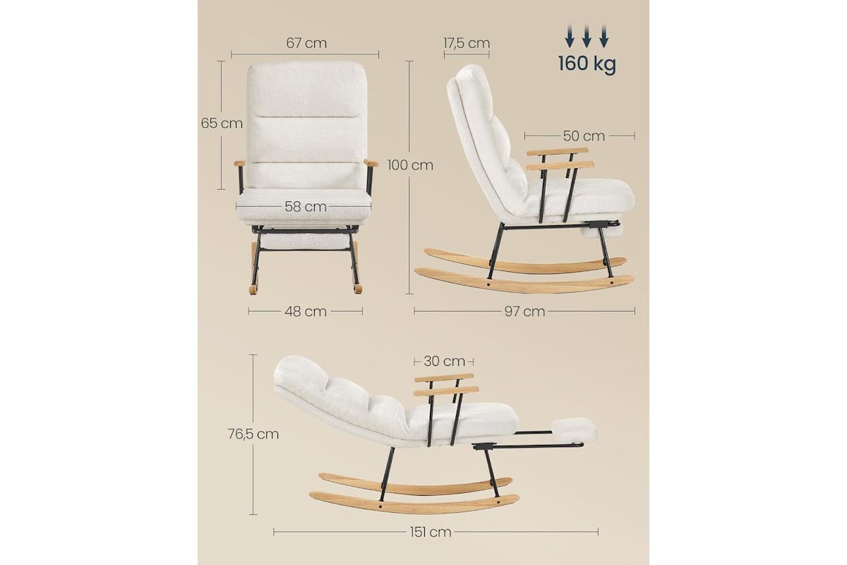 Rocking Chair | Recliner Chair | Alloy Steel & Rubberwood | Cream White-2