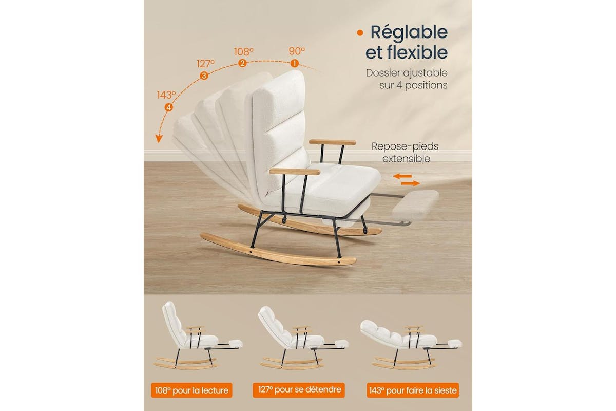 Rocking Chair | Recliner Chair | Alloy Steel & Rubberwood | Cream White-3