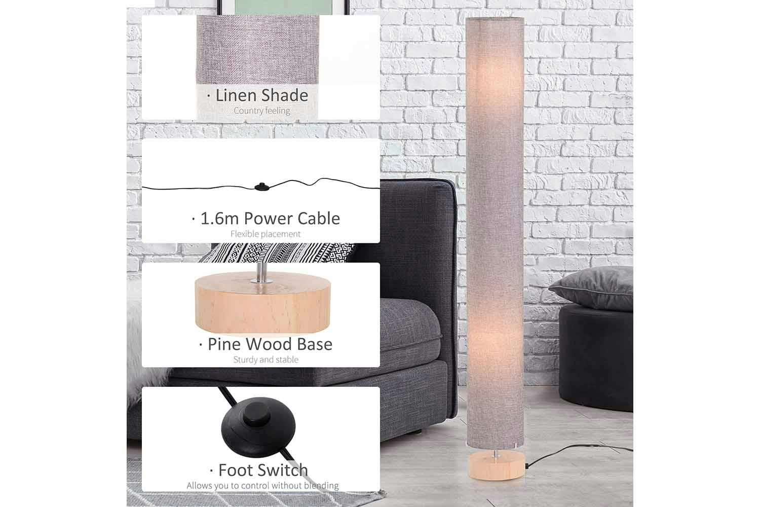 Homcom | Tall Standing Floor Lamp | Grey-4