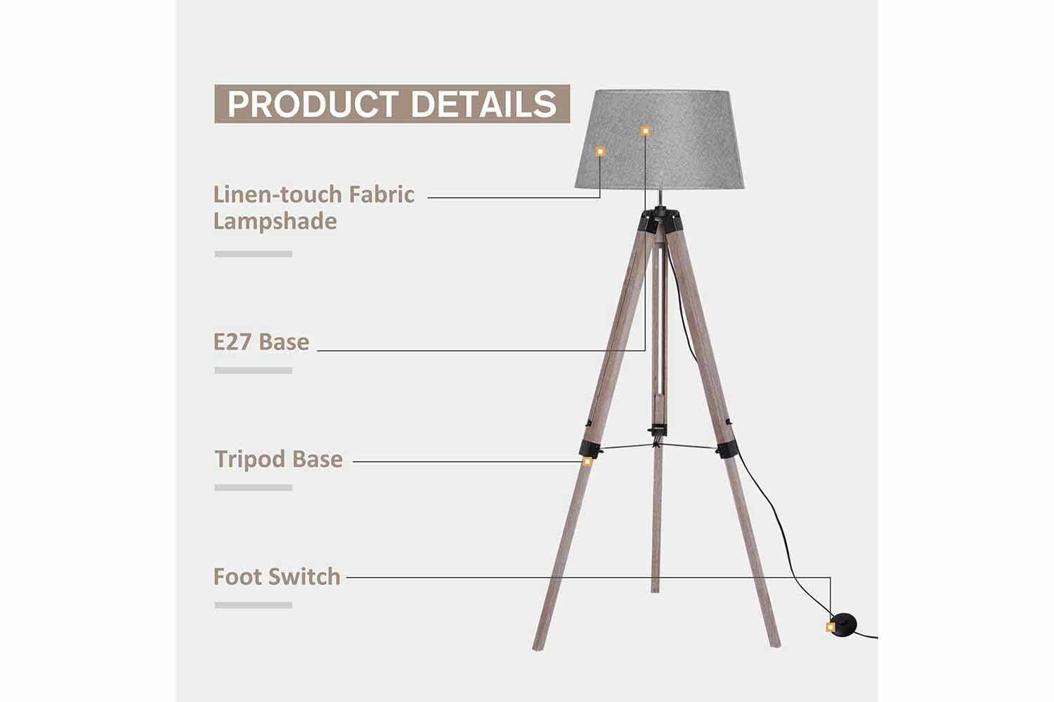Homcom | Mid Century Tripod Floor Lamp | Grey/Natural-4