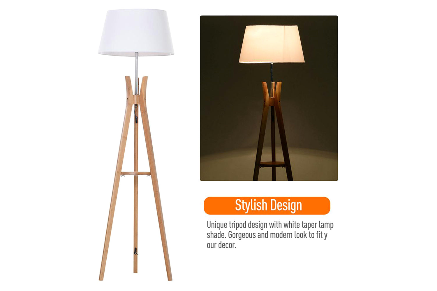Homcom | Tripod Floor Lamp | Brown/White-3