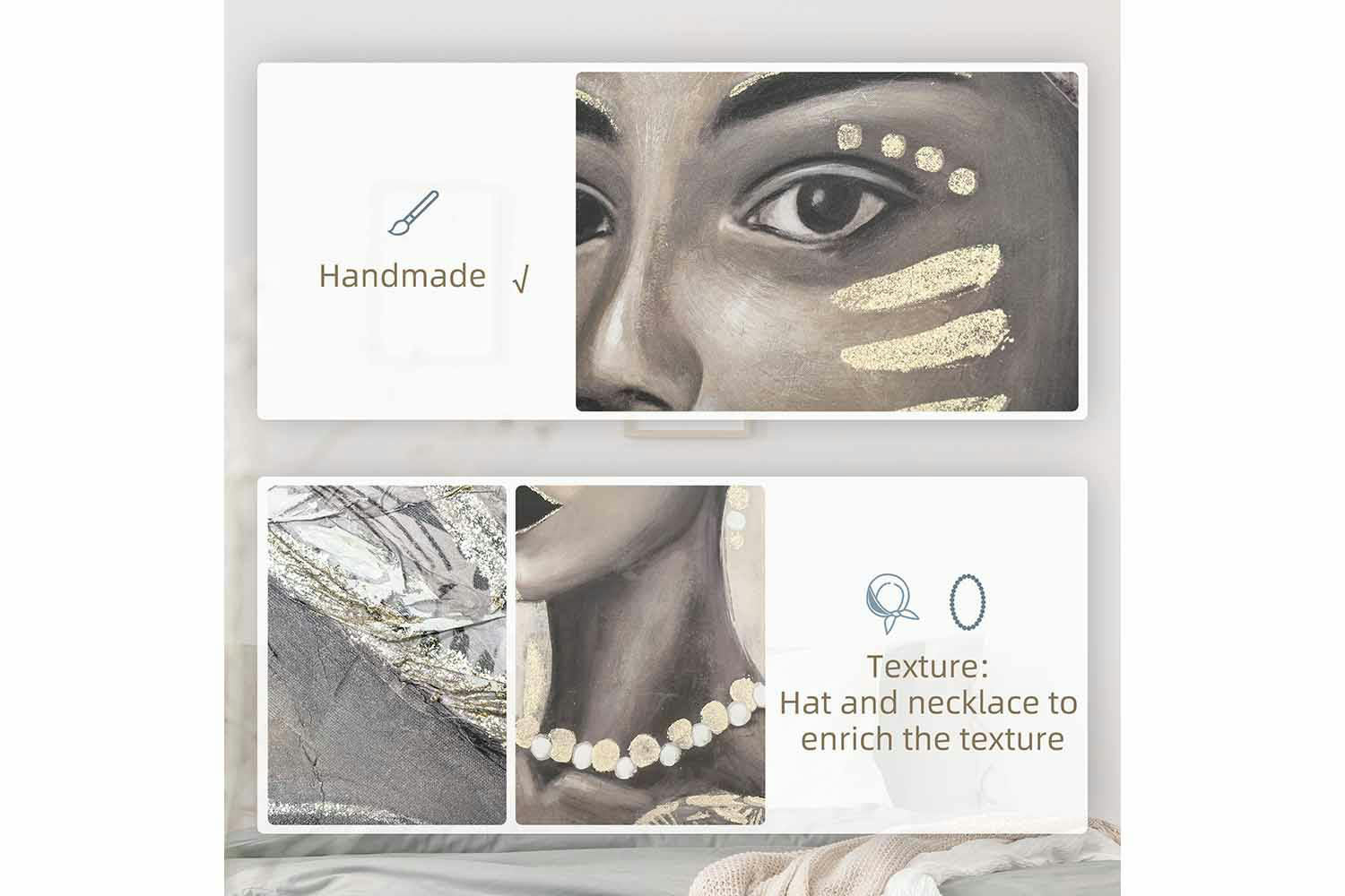 Homcom | Wall Painting of Woman | Gold/Grey | 80 x 100 cm-4