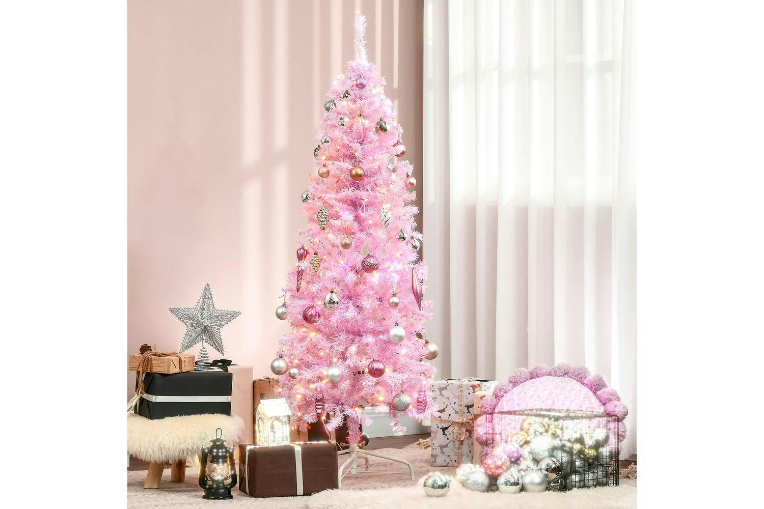 Homcom | Prelit Pencil Slim Christmas Tree | Pink | 6ft-2