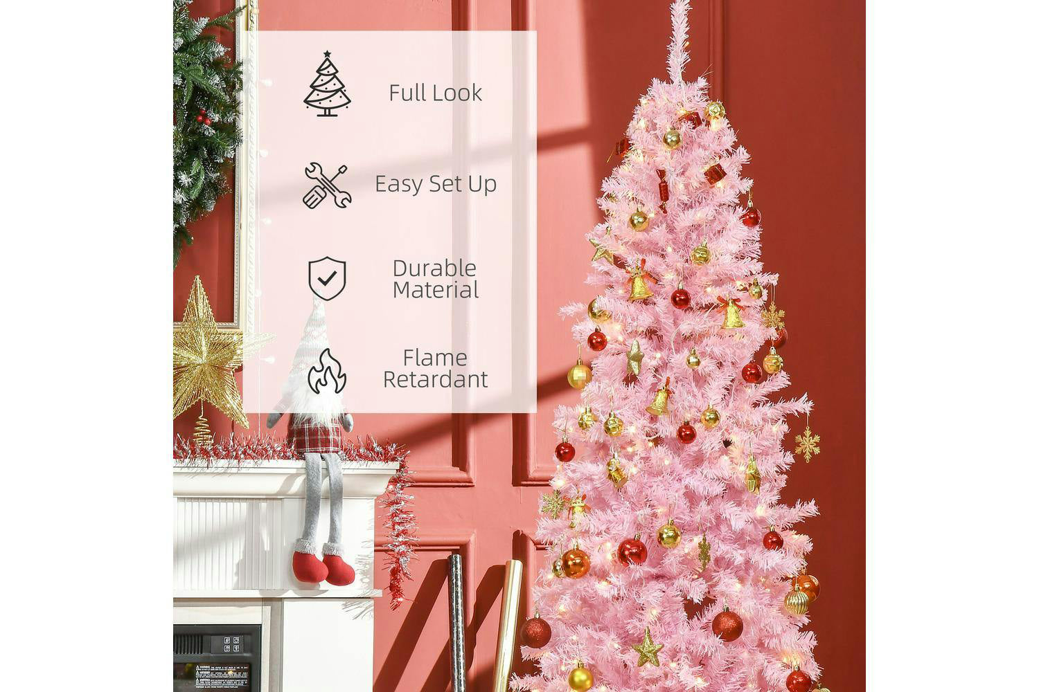 Homcom | Prelit Pencil Slim Christmas Tree | Pink | 6ft-3