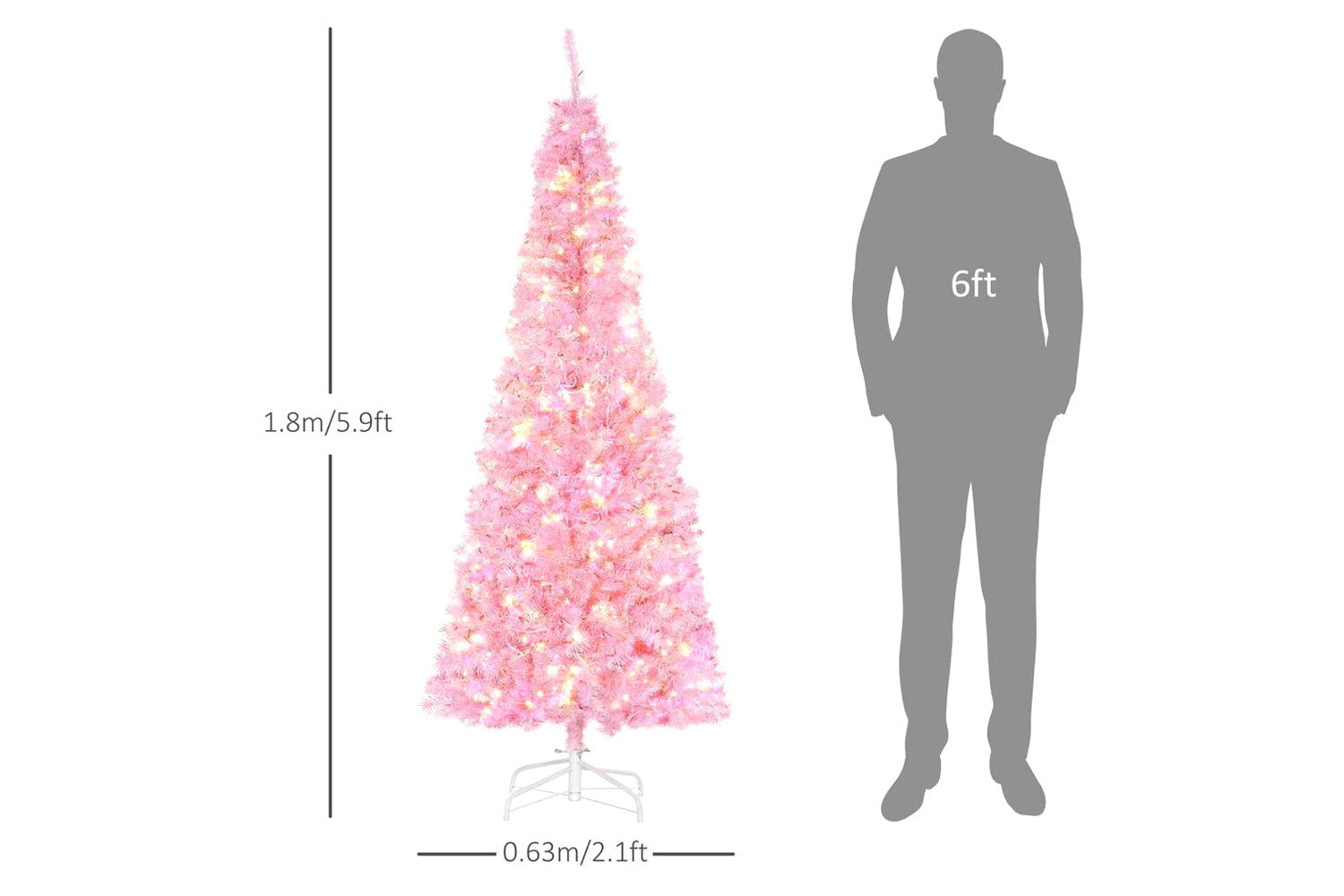 Homcom | Prelit Pencil Slim Christmas Tree | Pink | 6ft-4