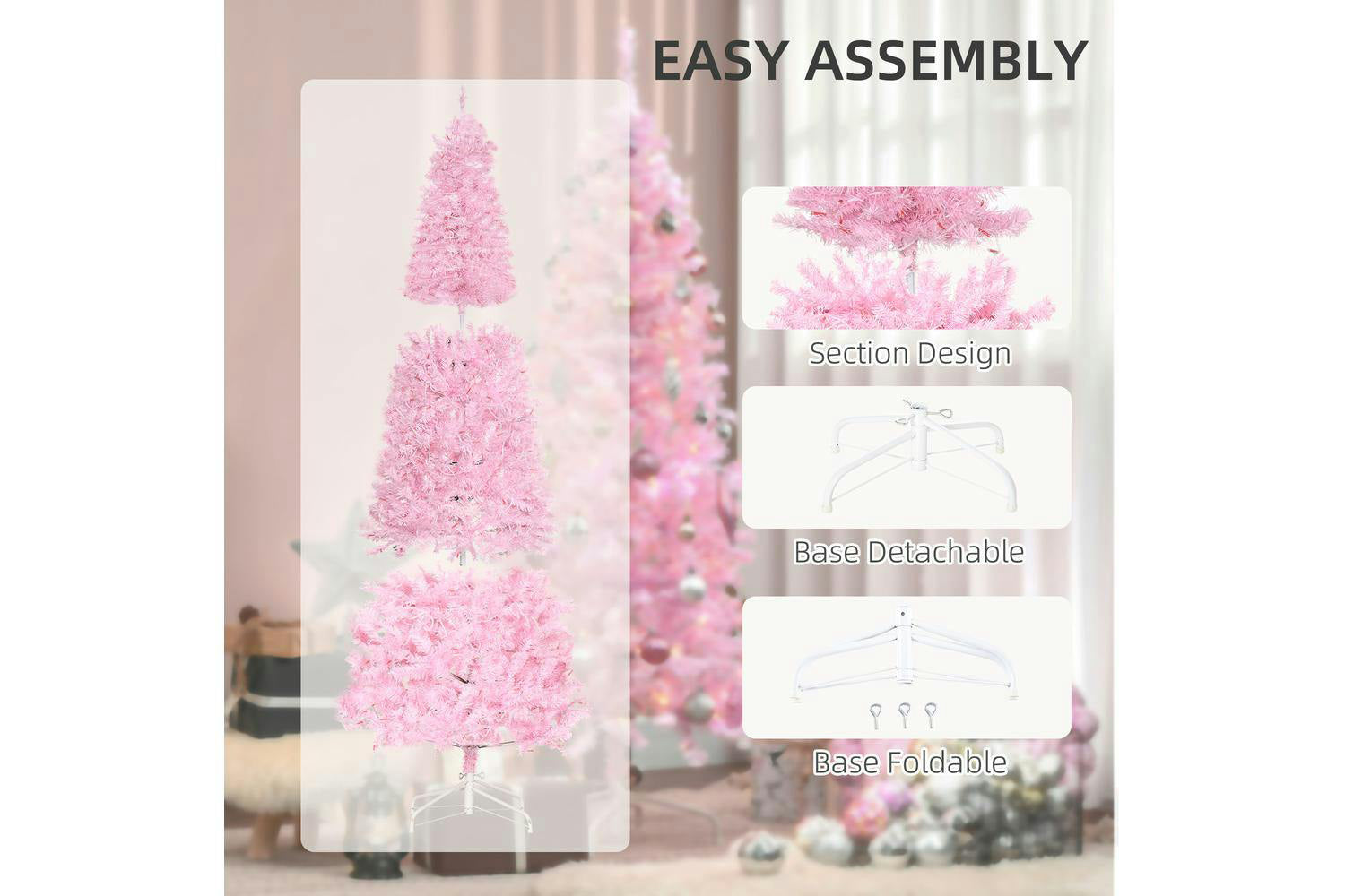 Homcom | Prelit Pencil Slim Christmas Tree | Pink | 6ft-5