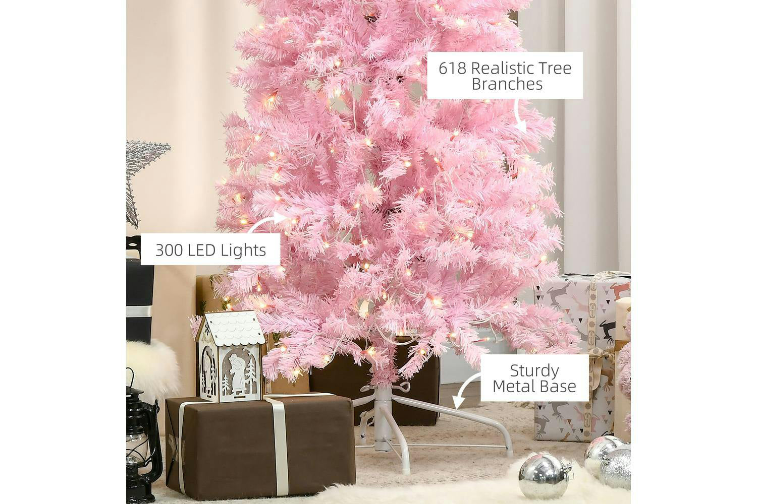 Homcom | Prelit Pencil Slim Christmas Tree | Pink | 6ft-6