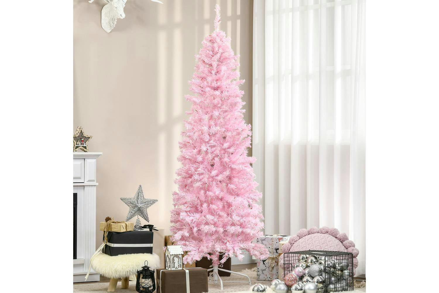 Homcom | Prelit Pencil Slim Christmas Tree | Pink | 6ft-7