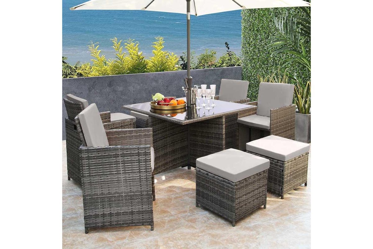 Hera Deluxe Rattan 8 Seater Dining Cube Garden Furniture Patio Set W/ Parasol Hole - Grey-2