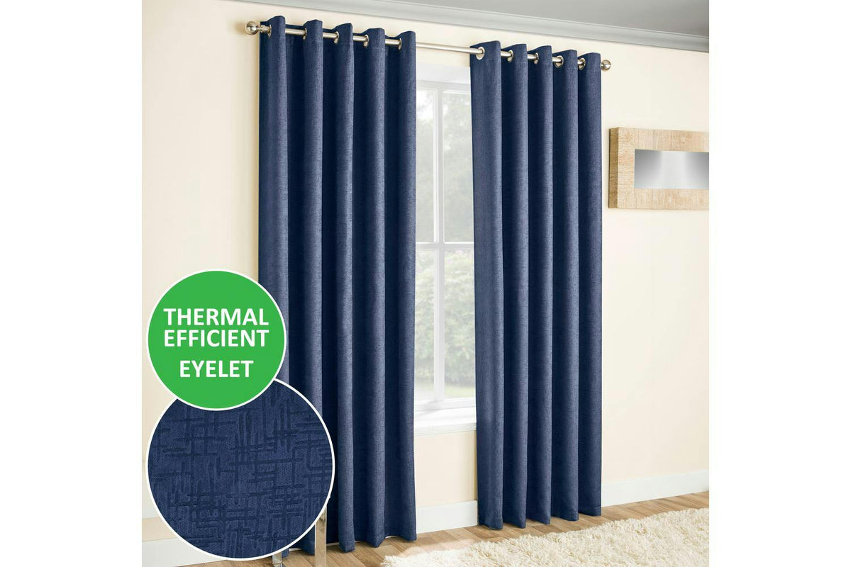 Navy Eyelet Vogue Pair Of Thermal Noise Reducing Room Darkening Curtains 229x183cm (Ex-Display DC250774-000346)