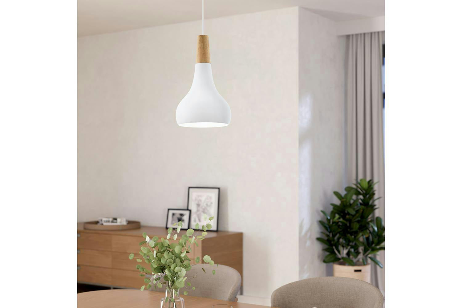 Eglo | Sabinar Metal and Wood Pendant Light | 18 cm | White-2