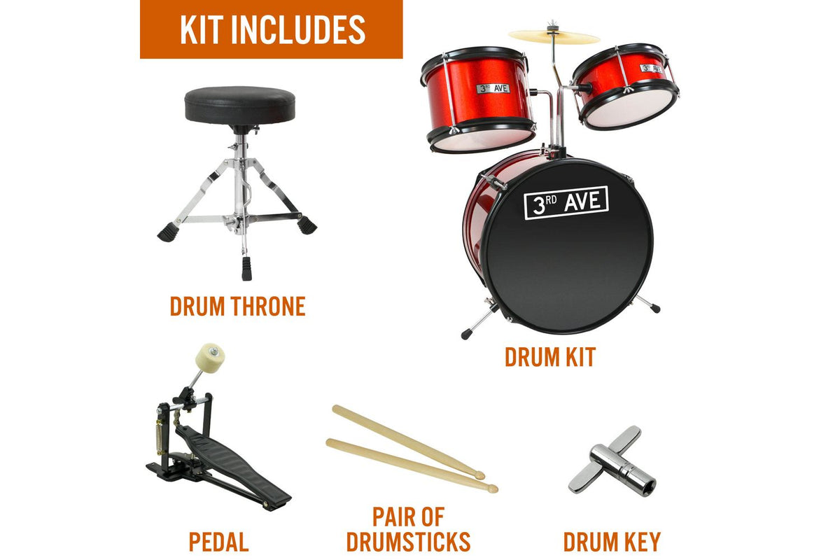 3rd Avenue 3 Piece Beginner Drum Kit - Red-3
