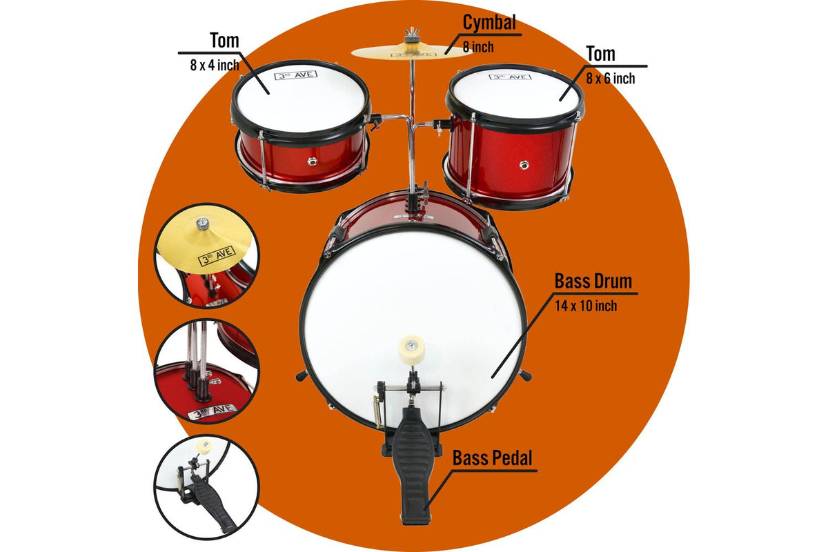 3rd Avenue 5 Piece Junior Drum Kit - Red-4