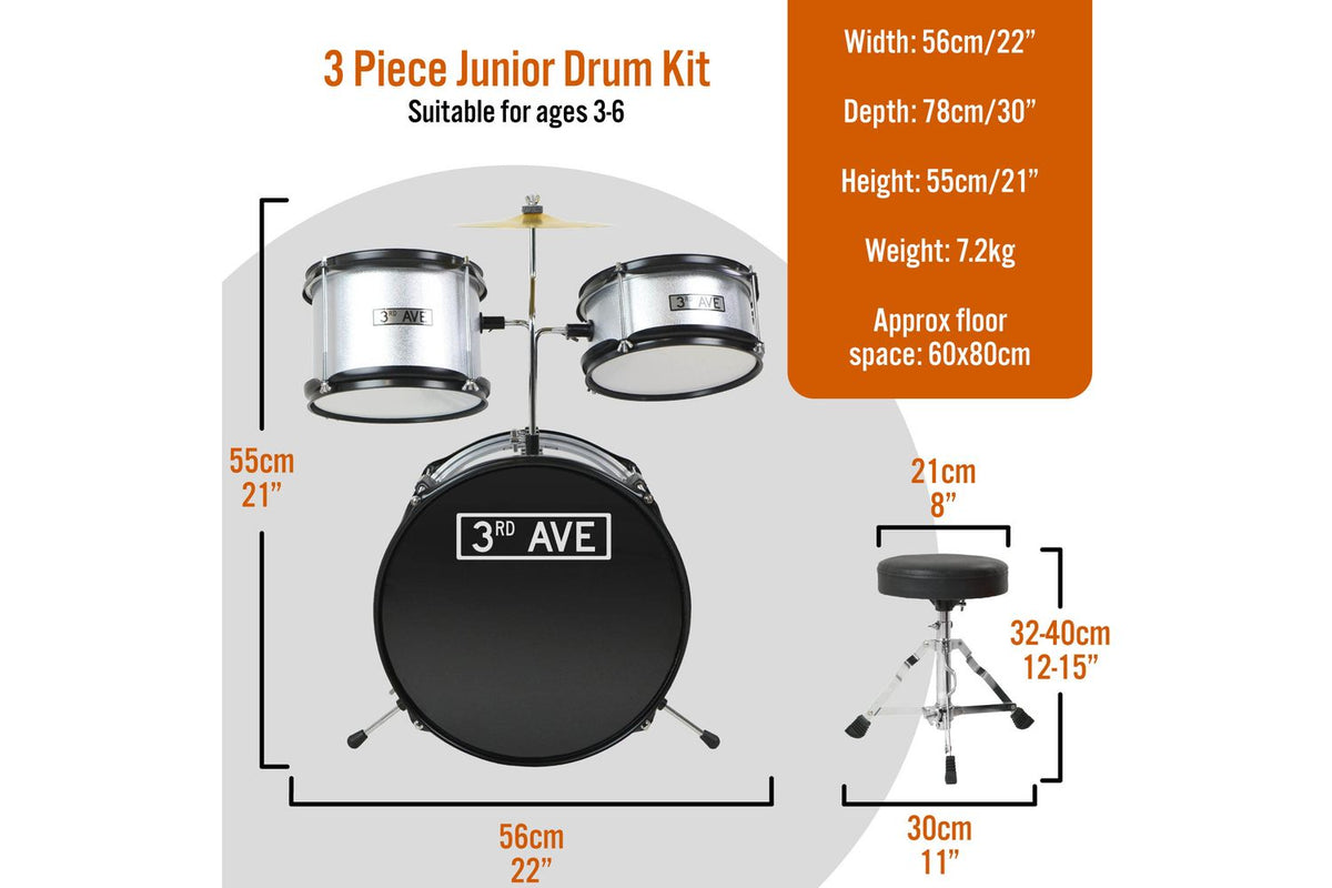 3rd Avenue 3 Piece Beginner Drum Kit - Silver-2