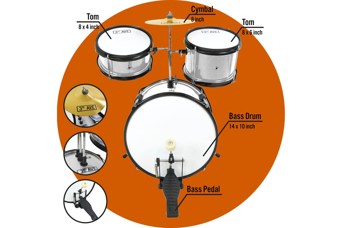 3rd Avenue 3 Piece Beginner Drum Kit - Silver-4